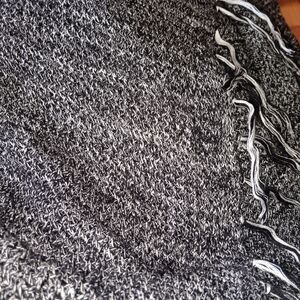 One World Cardigan Sweater Black & White Speckled Crossover Front Fringe Size M